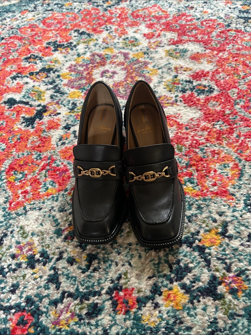 Sam Edelman Black Leather Loafers with Gold Chain Accent